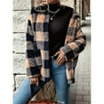 thumbnail image 4 of Women Winter Coat Button Front Plaid Pattern Double Pocket Drop Shoulder Flannel Coat Long Sleeve Jacket Outwear Black S, 4 of 8