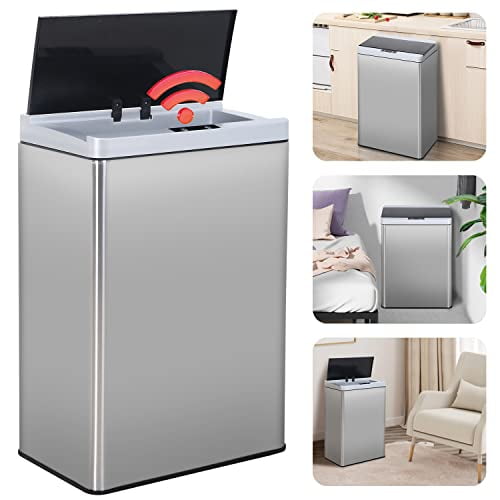 Touch Free Trash Can 13.2 Gallon Kitchen Garbage Cans with Motion Sensor 50 Liter High Capacity Stainless Steel Trash Can, Mute Designed Anti-Fingerprint Trash Bin for Office Bedroom, Silver$$Storage