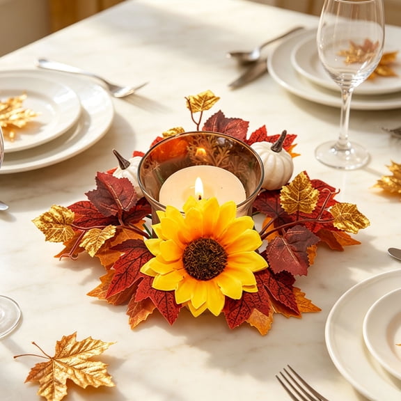 CPHDW7 Patriotic Wreath, Fall Maple Leaves Candle Holder Ring with Sunflower Berries, Autumn Kitchen Cabinet Wreath for Thanksgiving