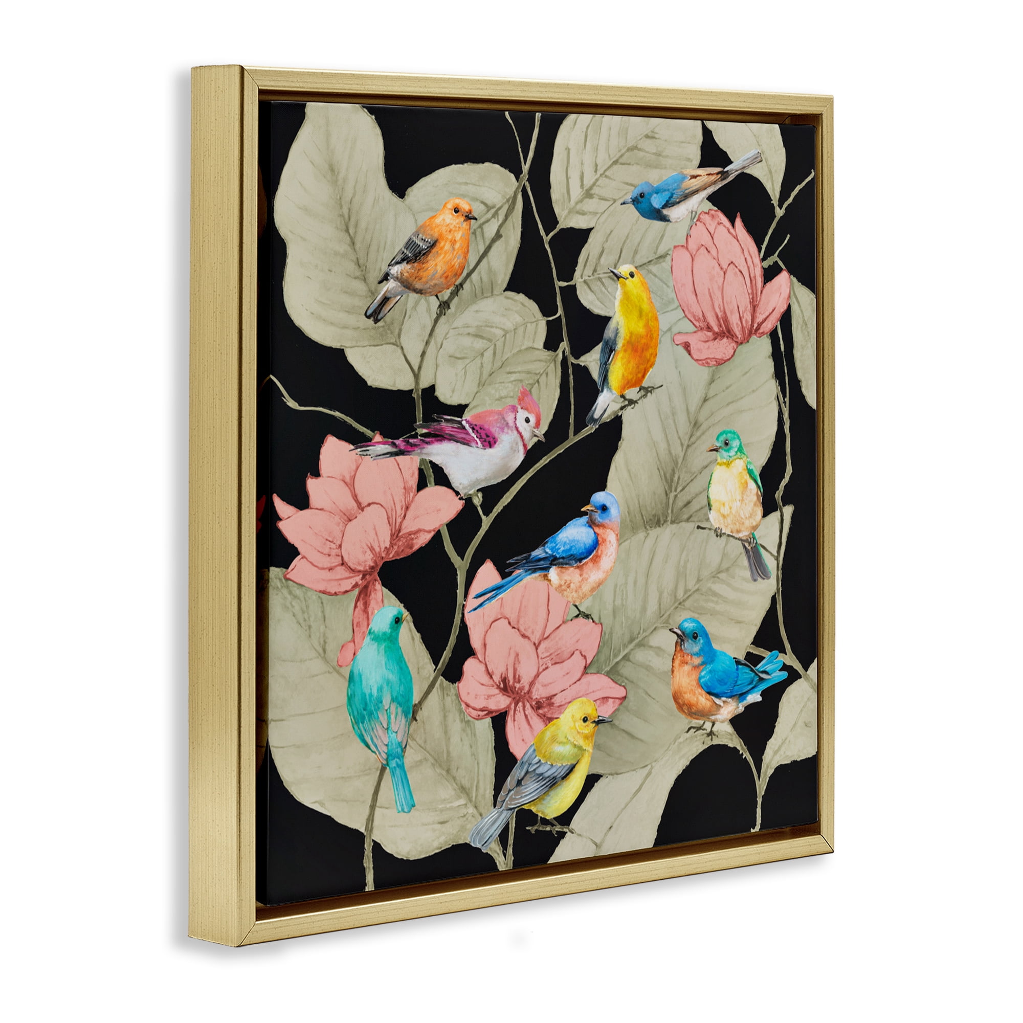 Stupell Industries Colorful Birds & Leaf Motif Gold Framed Floater Canvas Wall Art, design by Lorenzo Collective