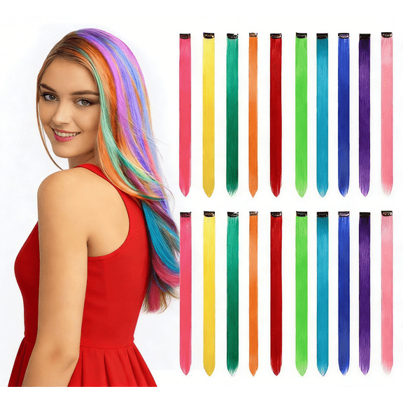 20 Pcs Hair Extensions Straight Long Hairpiece Wig Pieces Colored Hair Extensions Clip for Dolls Multi-colors Party Highlights (21.6'') (colored)