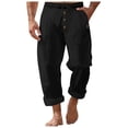 thumbnail image 3 of OSOLU Men's Autumn Beach Pants Solid Color Cott On Linen Loose Drawstring Button Casual Pants Men Trousers Everyday Comfort Versatile Bottoms, 3 of 9