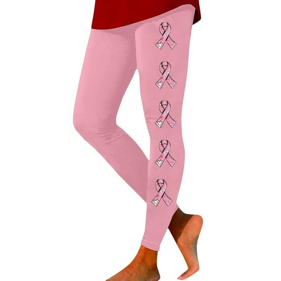 Oplxuo Women's Breast Cancer Awareness Pink Ribbon Leggings High Waisted Yoga Pants Stretchy Athletic Gym Running Tights