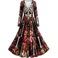 thumbnail image 4 of Skeleton Dress Long Sleeve V Neck Maxi Halloween Dresses for Women Spooky Skull Rose Gothic Festival Party Outfit, 4 of 4