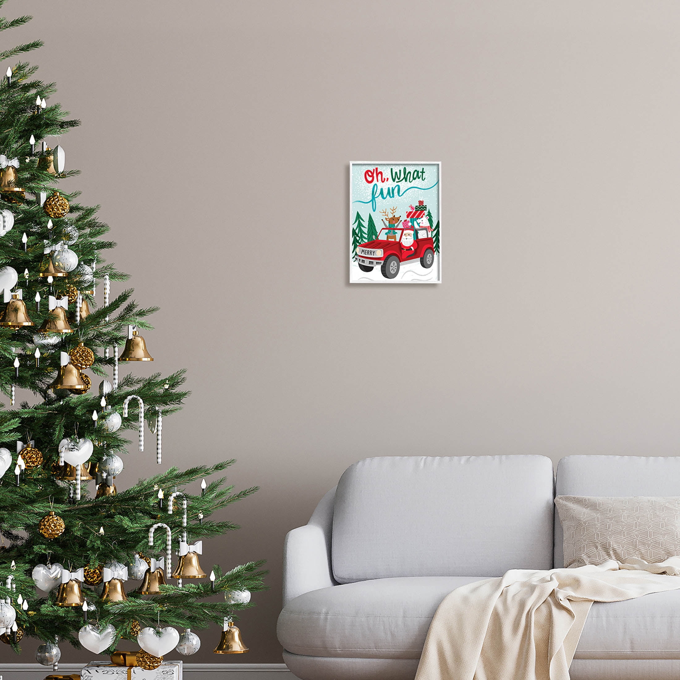 Oh What Fun Santa Driving Gifts Holiday Graphic Art White Framed Art Print Wall Art