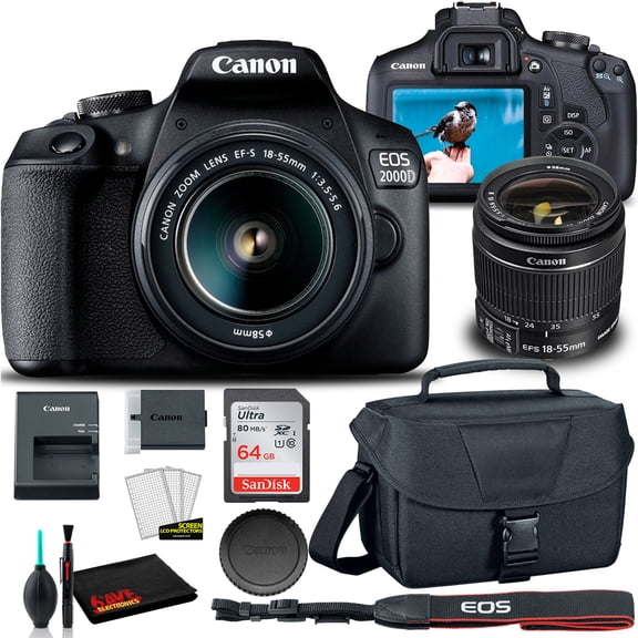 Canon EOS 2000D DSLR Camera with 18-55mm Lens   EOS Bag   Sandisk Ultra 64GB Card   Cleaning Set and More (International Model)