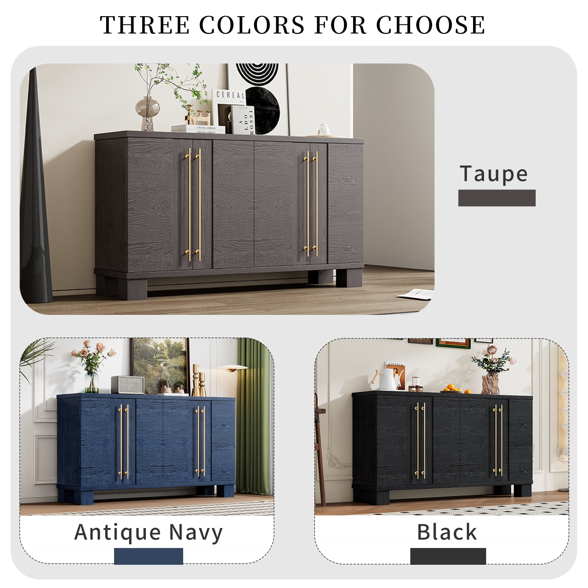 Euroco 60" Sideboard Buffet Cabinet with Storage, Wooden Coffee Bar Cabinet with Gold Handles & Adjustable Shelves for Kitchen, Dining Room and Living Room,Taupe