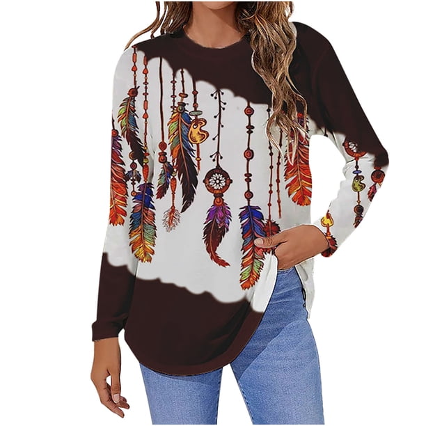 Camiseta de moda sexy informal para mujer, blusa estampada de manga larga con cuello redondo y fruncido Pompotops FGAJ7239