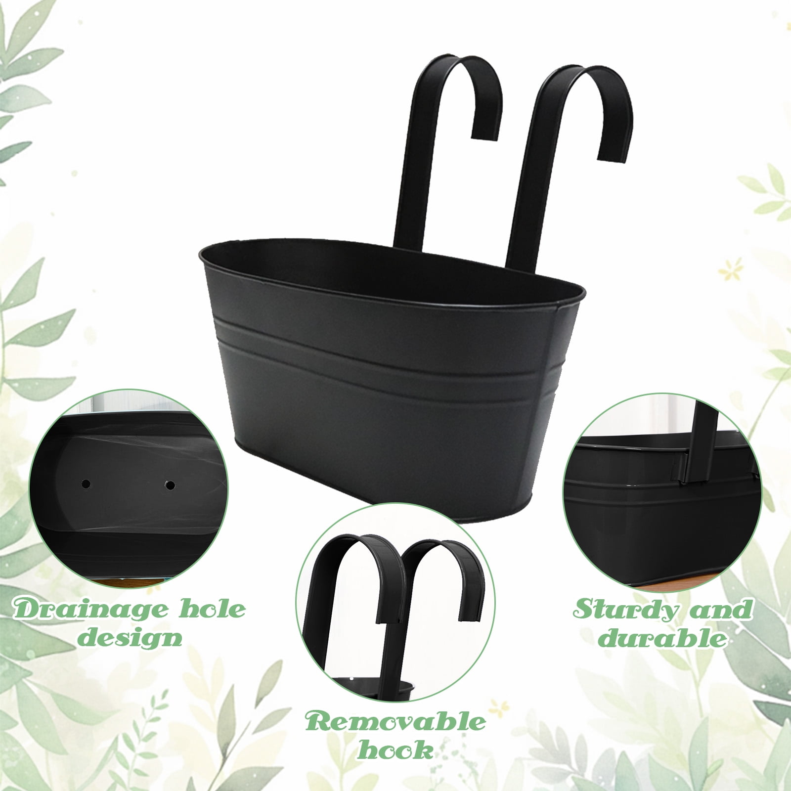 SPOKKI 8Pcs Metal Iron Hanging Flower Pots for Railing,with Detachable Hooks and Drain Holes Oval Hanging Pots Fence Planters for Railing Garden Fence (4pcs 10.6inch+4pcs 4inch