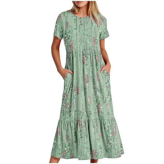 QUNYINEY Floral Women Dresses Short Sleeve Casual A-Line Dress Crew Neck Flowy Maxi Dresses