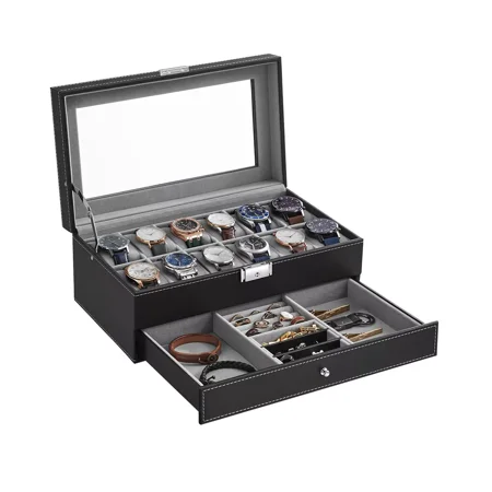 12-Slot Watch Box, 2 Layers PU Lockable Watch Case with Glass Lid with 1 Drawer, Black and Gray