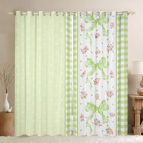 Homewish Green Princess Bow-tie Blackout Curtains Set of 2 (52x84 Each) for Kid, Romantic Rose Flwoer Window Curtains, Chic Checkered Buffalo Curtains and Drapes, Curtains and Drapes Decor