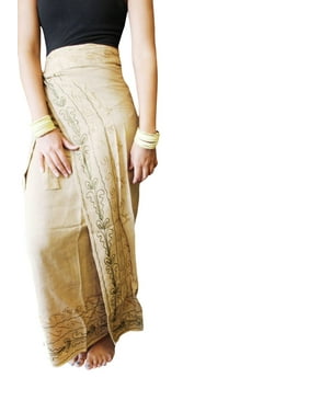 Mogul Women Embroidered Wrap Maxi Skirt Stonewashed Beige Long Skirts Summer Lightweight Straight Retro 70s Skirt S