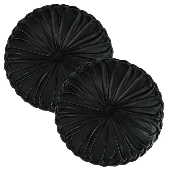 HIG Set of 2 Pumpkin Pleated Round Throw Pillows, Soft Velvet, Black, 14.5" Diameter