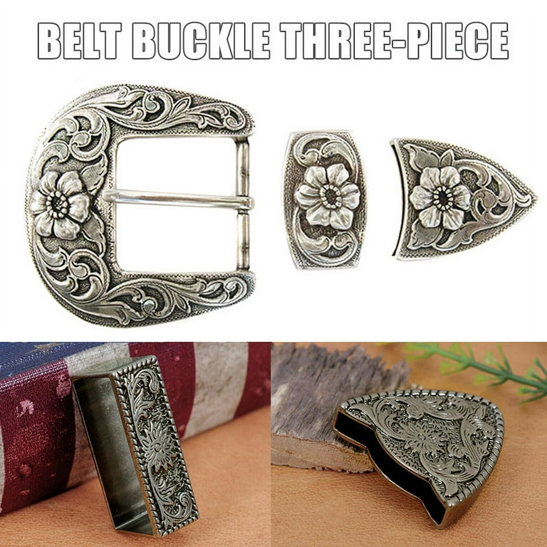 Western Belt Buckle 3 Piece Set Antiqued Silver