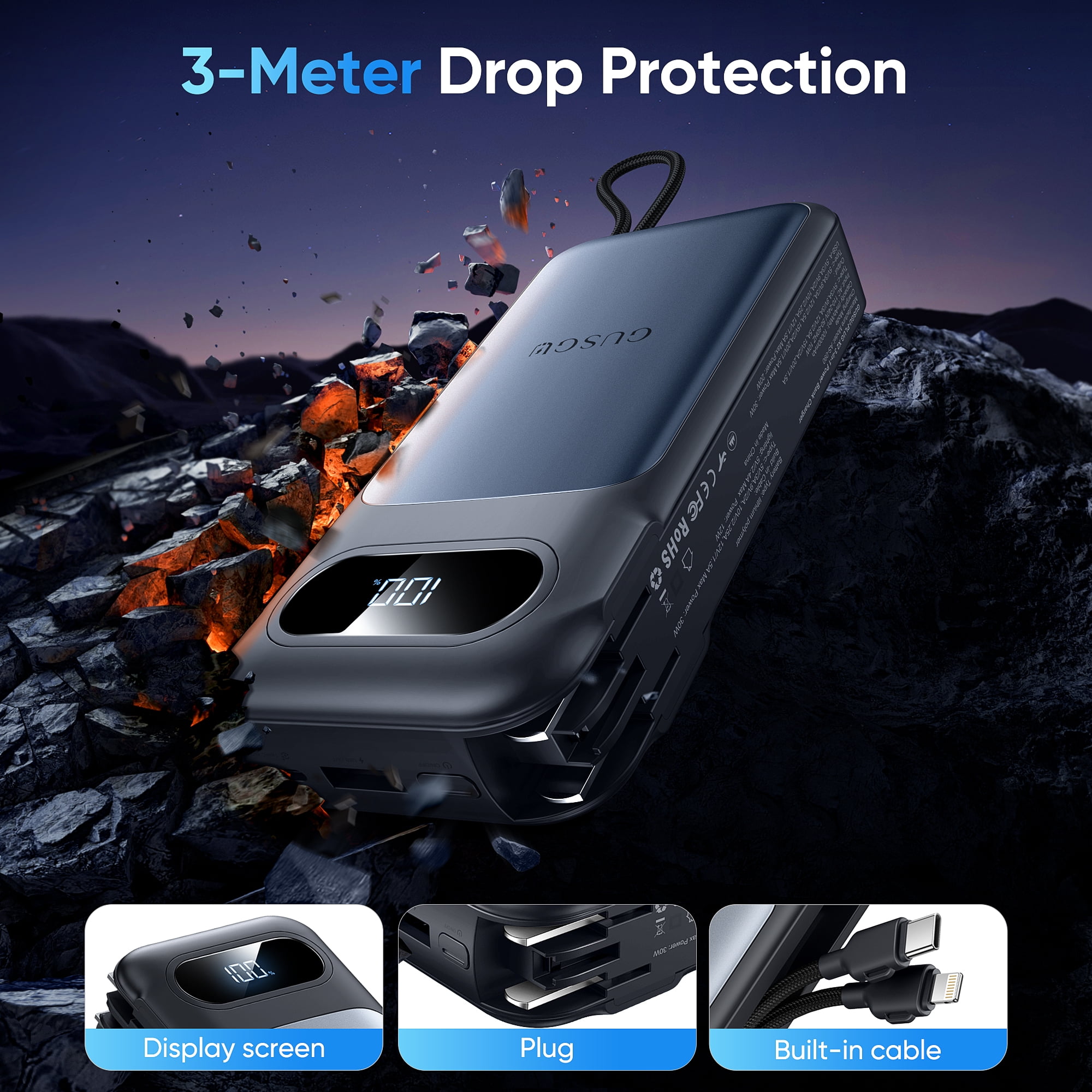 GUSGU 10000mAh Airline Approved  Power Bank, 30W Max Portable Battery Pack with Lightning/USB C Cable, Cell Phone Travel Charger with Foldable AC Plug for iPhone 15/16, iPad, Samsung, Google