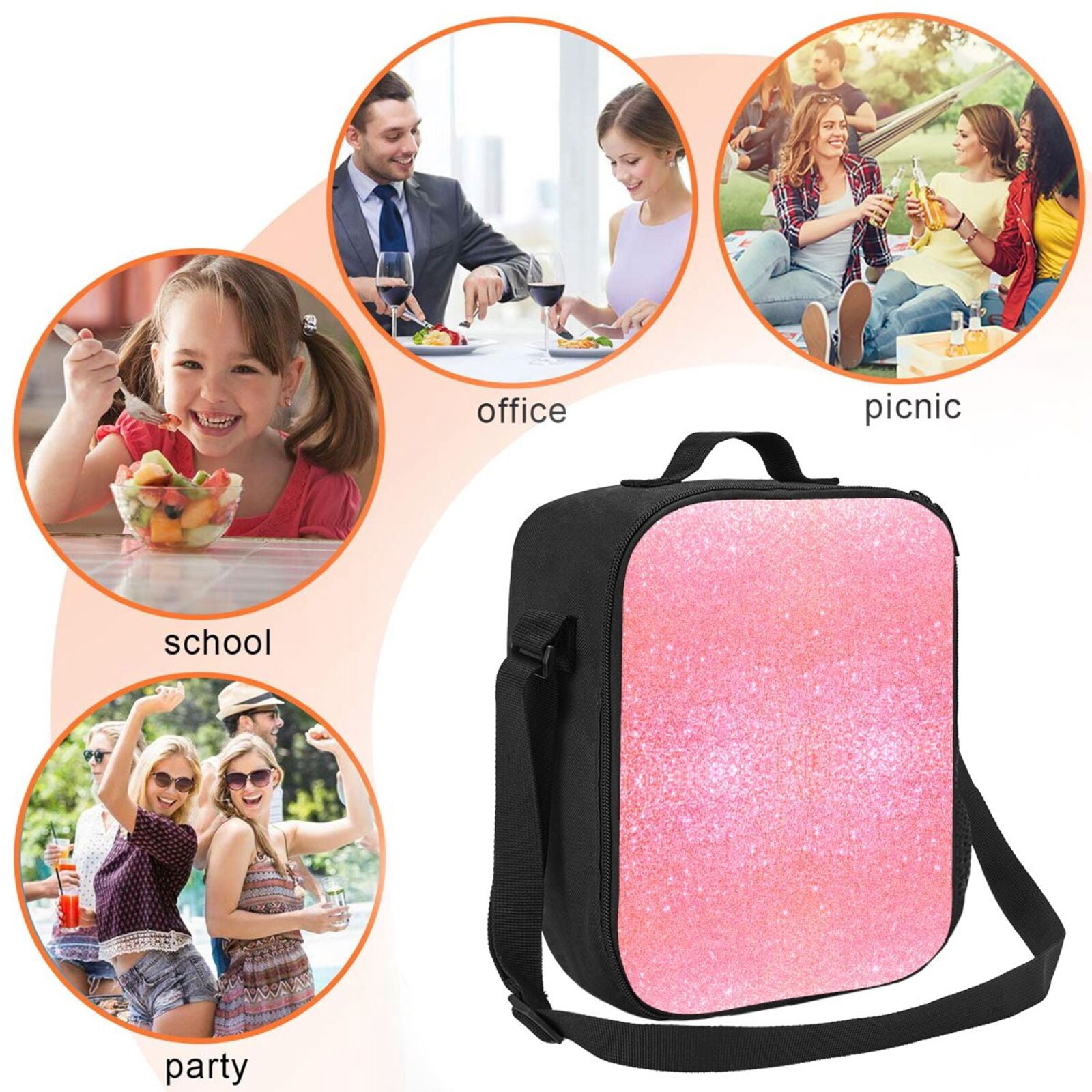 Rateoe Sparkly Pink Glitter Lunch Bag Reusable Lunch Box with Shoulder Straps for Men Women Insulated Portable Lunchbox for adults Suitable for School Work Picnic