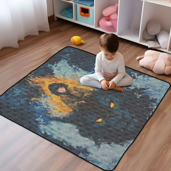 WOBOGO A Lass Sitting on Dark Lion Baby Playmats Extra Large Waterproof Rollable Activity Pads for Toddlers 50×50inch