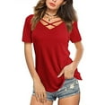 thumbnail image 2 of Giftesty Womens Plus Size Women Tops V-neck Cross Collar Soild Short Sleeve T-Shirt Blouse, 2 of 7