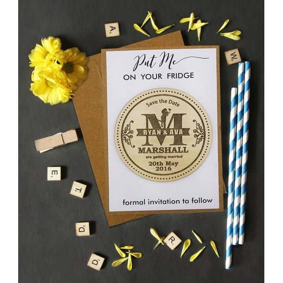 Rustic Wedding Save the Date Wooden Magnet 25 Custom Engraved Wooden Magnet Personalized Gift