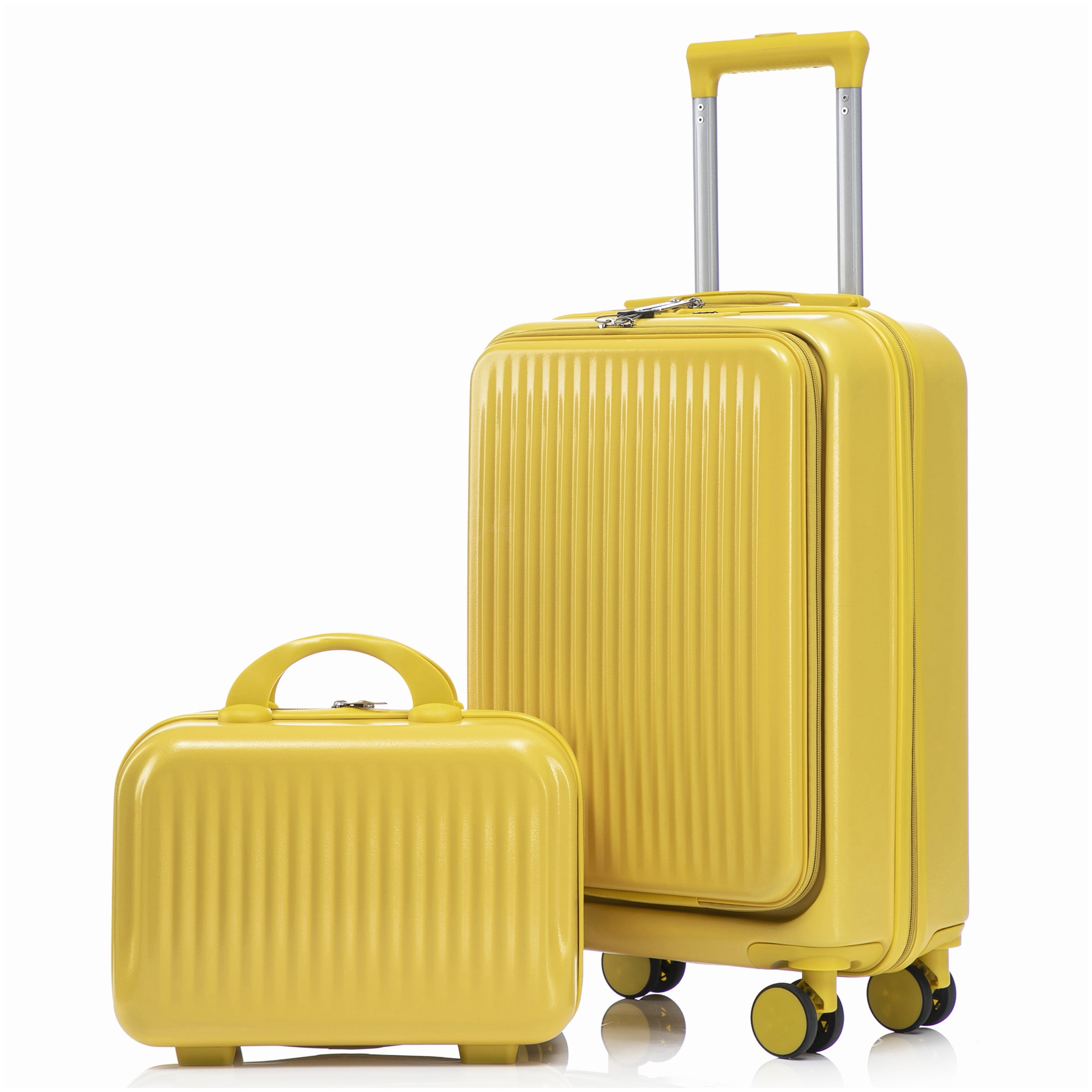 MANGIJOY 20 Inch Carry On Suitcase with Front Pocket &; 14 Inch Makeup Case - Yellow Hardcase Spinner Luggage Set, ABS Material
