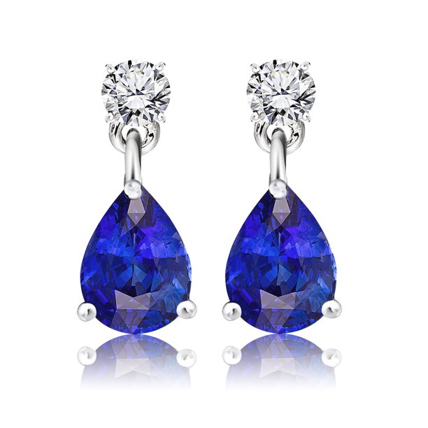 JeenMata Pendientes Clásicos de Oro Blanco de 18 K sobre Plata con Zafiro Azul (Piedra Natal de Septiembre) de 2,5 Quilates con Corte Redondo y en Forma de Pera para Mujer