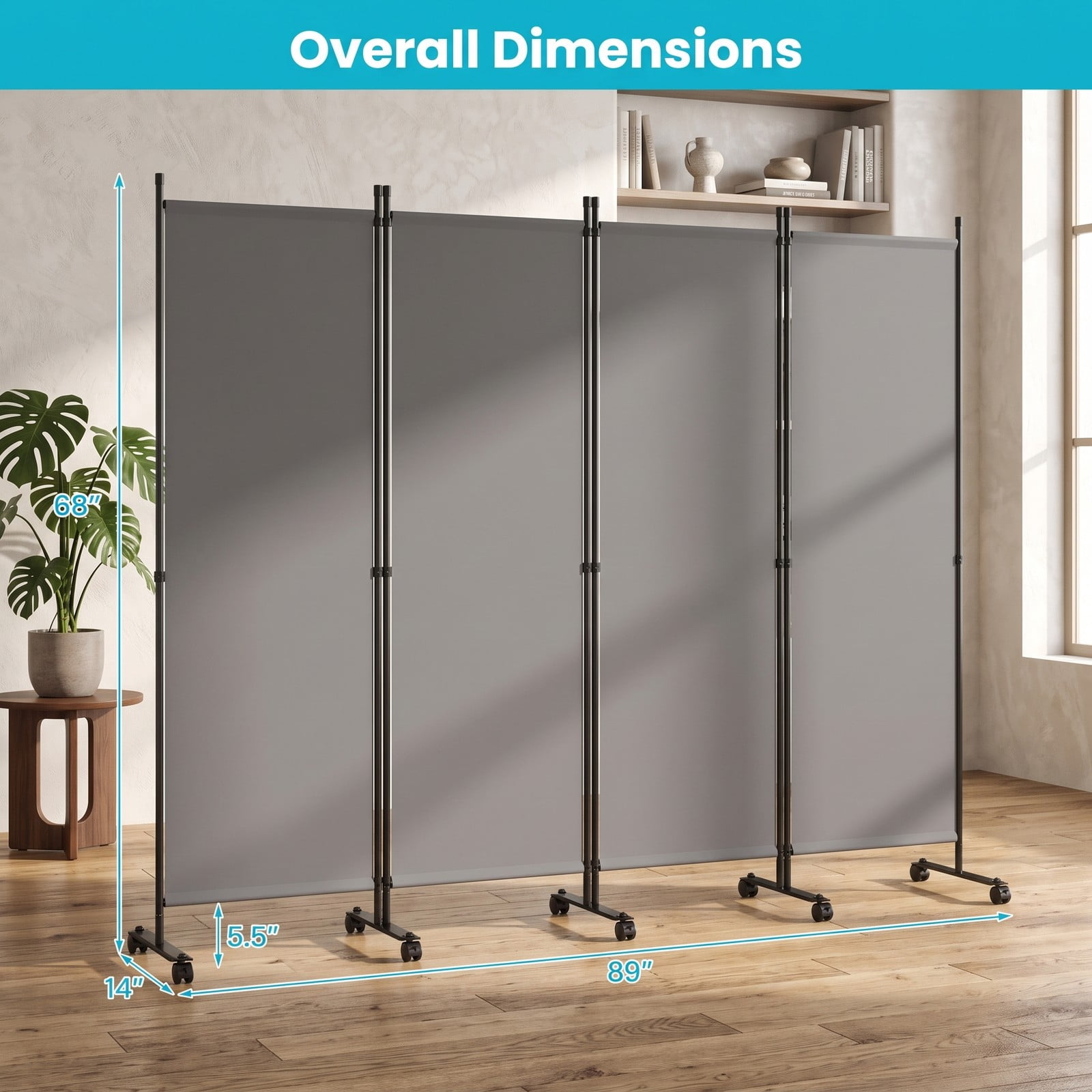 ALPULON 4-Panel Room Divider Freestanding Privacy Screen with 10 Lockable Wheels, Foldable Polyester Fabric Partition with Heavy-Duty Metal Frame for Living Room, Gray