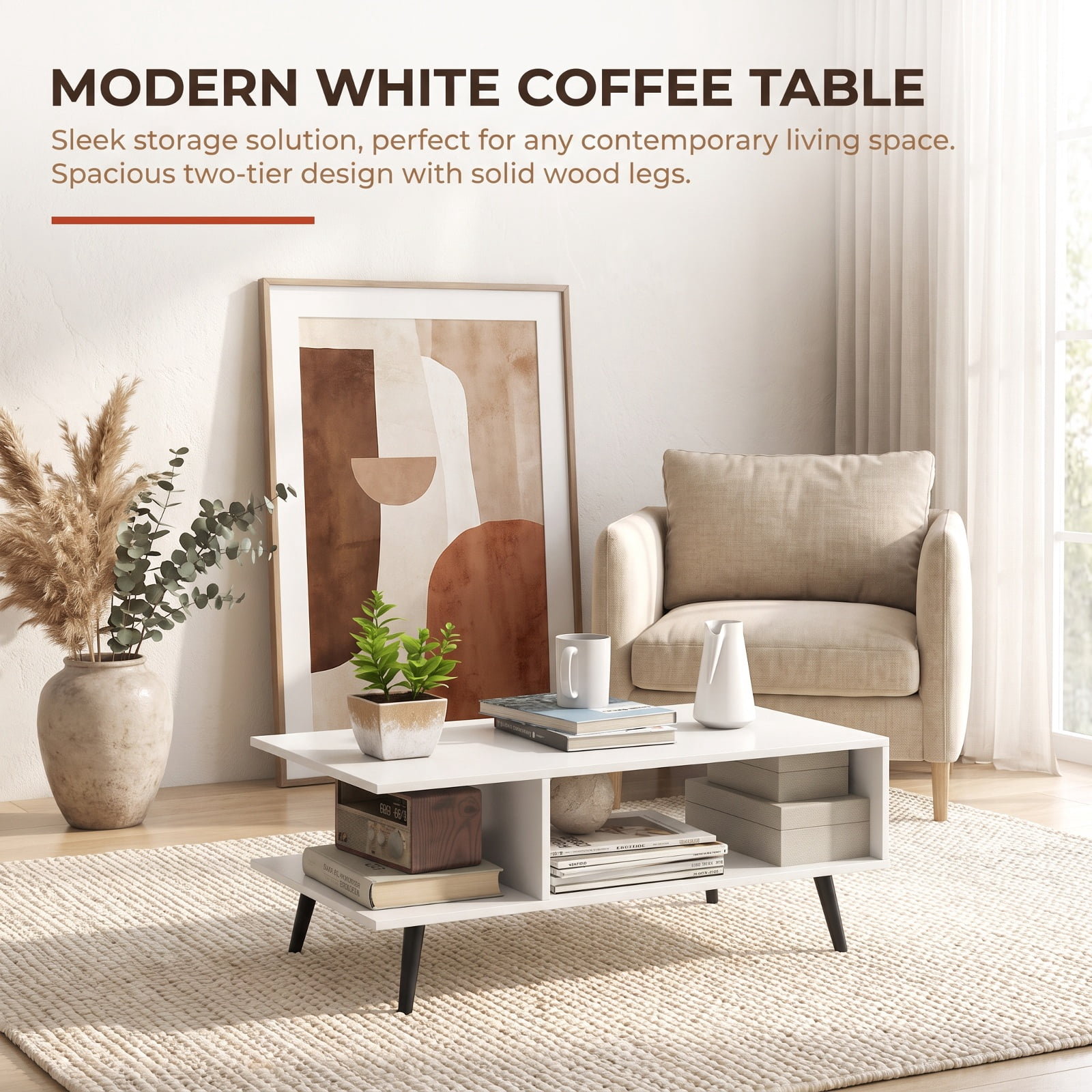 Furnibear Mid Century Modern 2-Tier Small Coffee Table with Two Open Compartments and Tapered Metal Legs for Apartment Living Room, White