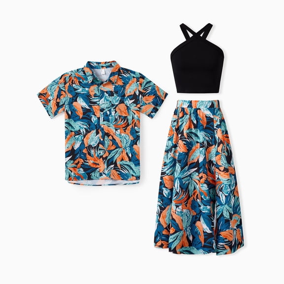 PatPat Womens Dresses Couple Matching Black Tropical Floral Midi Halter Dress Casual Summer Dresses for Women Beach Vacation Outfits Couple Gifts,S-XL