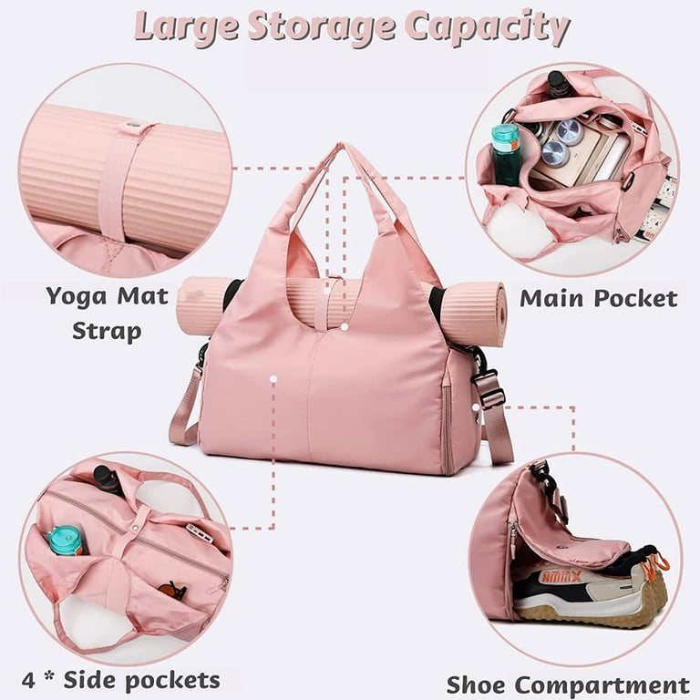 Yoga Gym Bag for Women Gym Duffel Bag with Yoga Mat Holder Shoe Compartment Weekender Travel Tote Bag with Wet Dry Pockets Black