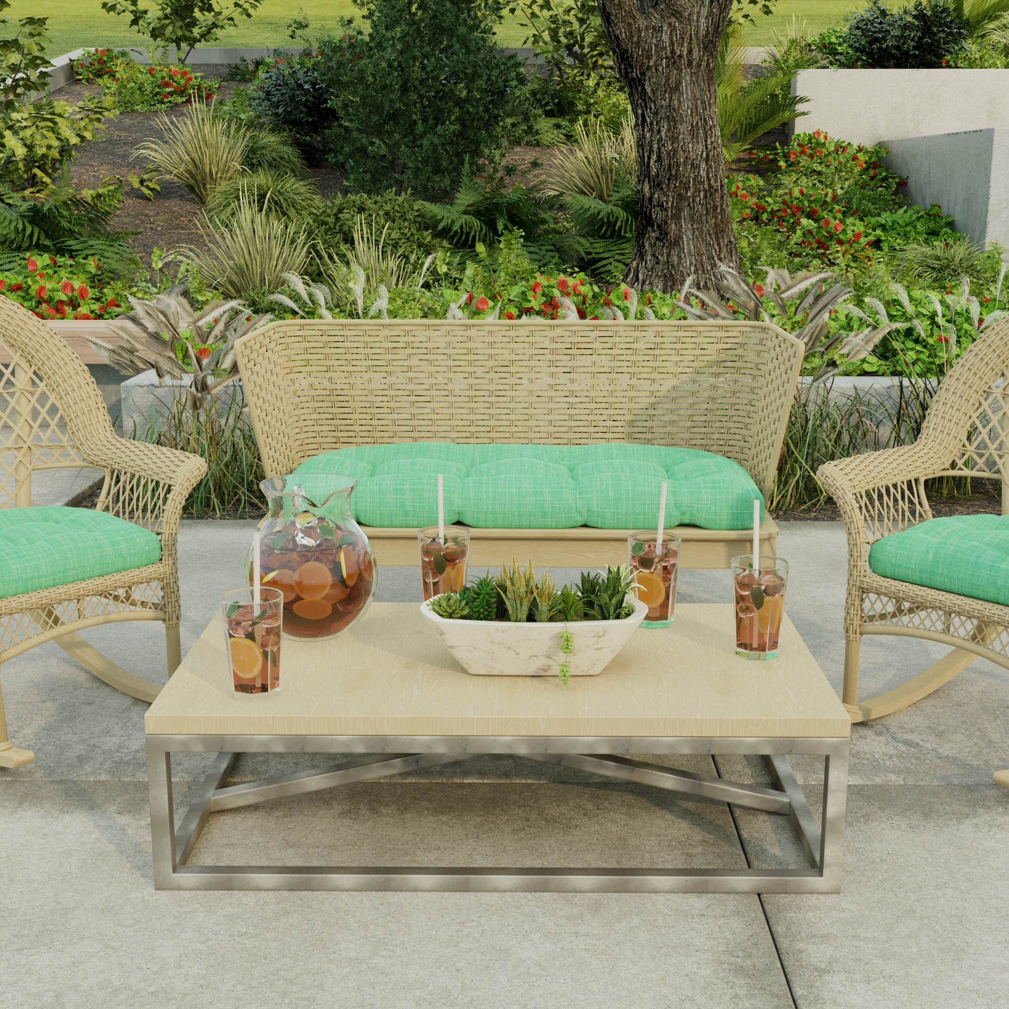 Jordan Manufacturing 44" x 18" Harlow Dill Green Crosshatch Rectangular Tufted Contoured Outdoor Wicker Settee Bench Cushion