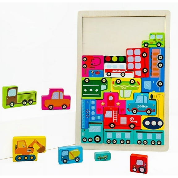 Russian Blocks for Kids Age 3-5, Wooden Educational Montessori Puzzle Game Board - Vehicle Theme