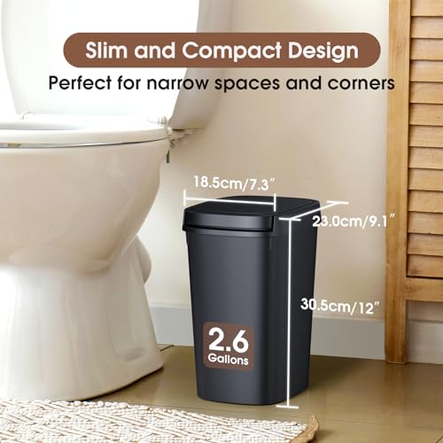 3 Pack Slim Bathroom Trash Can, 10L/2.6 Gal with Press Top and Pop-up Lid, Plastic Wastebasket for Toilet, Office, Bedroom (Black)