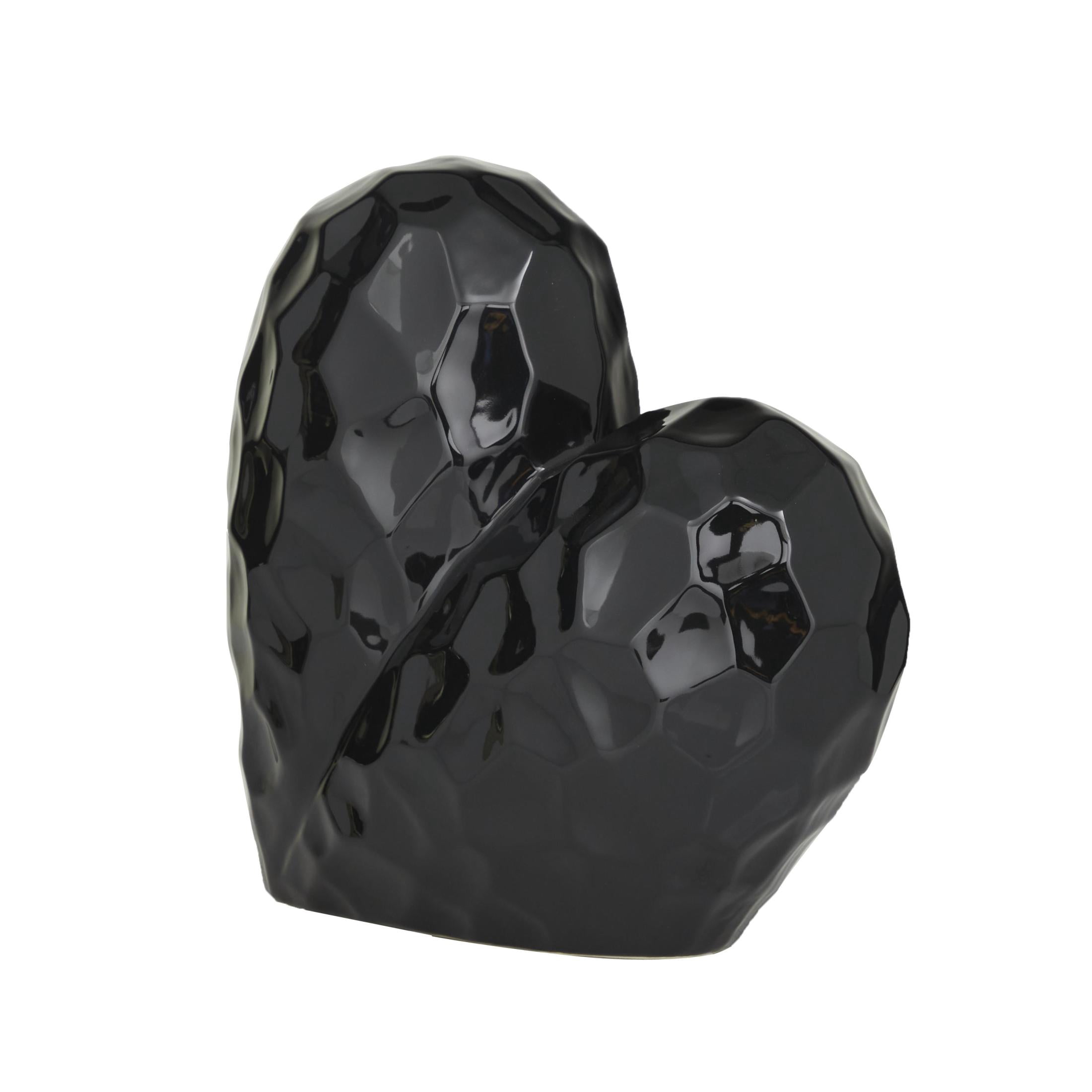 12" x 11" Black Porcelain Ceramic Dimensional Angled Origami Inspired Heart Sculpture with Faceted Exterior, by DecMode