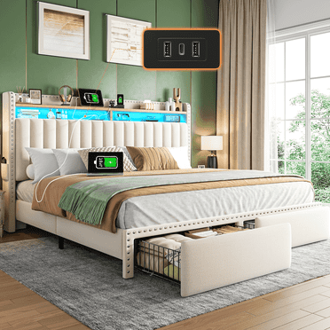 Romorgniz King Bed Frame with 2 Storage Drawers Upholstered Bed Frame with Headboard and Storage Metal Platform Bed Frame with LED Lights & Charging Station,Beige