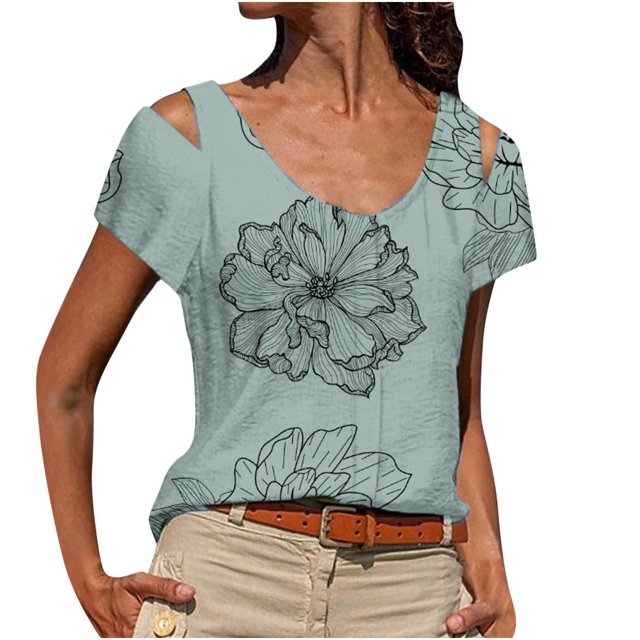 Tops con estampado de flores recortadas en el hombro de manga corta con cuello redondo a la moda para mujer Fridja bn6154