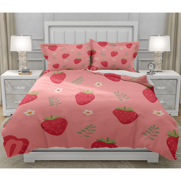 DOJLIO Cute Strawberry Bedspread Cover Twin Size Red Strawberry Print Bedclothes Farmhouse Strawberry Duvet Cover Room Decor Strawberry Theme with 1 Comforter Cover 2 Pillowcases