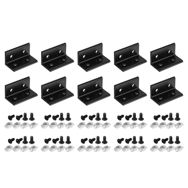 Uxcell 10Pcs Soporte de esquina interior de 4 agujeros, conector en L para perfil de extrusión de aluminio 3060 ranura T de 8.2mm con tuercas y tornillos para muebles, estructuras de enmarcado, negro