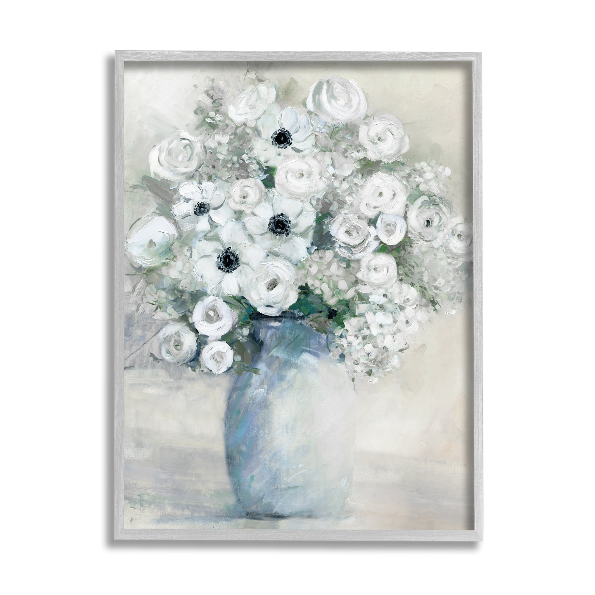 Stupell Industries Mixed White Peonies & Poppies Bouquet Traditional Painting Painting Gray Framed Art Print Wall Art, Design by Sally Swatland