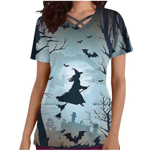 Tops Cortos para las Mujeres, Halloween Impreso en Cuello en V con Bolsillo, Moda Casual Manga Corta