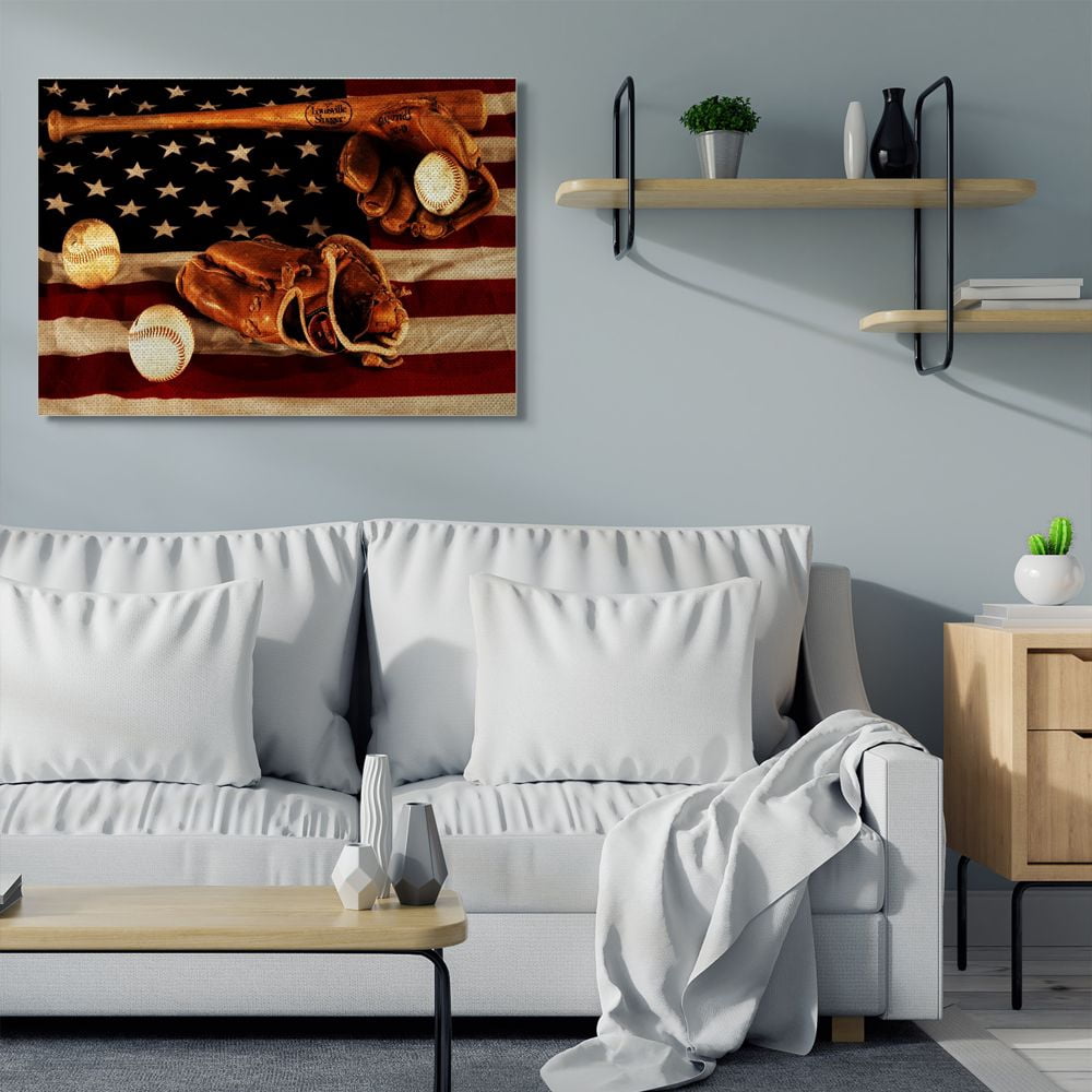Stupell Industries Vintage American Flag Baseball Sports Rustic Photo Super Canvas Wall Art by Daniel Sproul