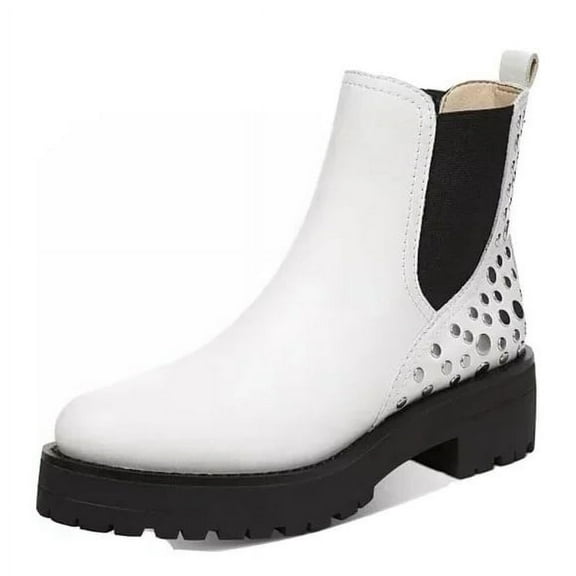 Sam Edelman Jalyn White Chunky Block Heel Embellished Closed Toe Pull On Boots (White, 5)