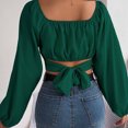 thumbnail image 5 of HAPIMO Women's Slim Chiffon Shirts Vacation Fashion Workout Cropped Tops Casual Elegant Square Neck Pleated Pullovers Lantern Sleeve Business Tees Outfits Green L, 5 of 8