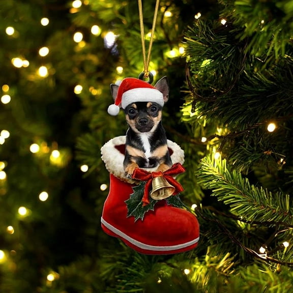 Acrylic 2D FLAT Chihuahua Black In Santa Boot Christmas Hanging Ornament