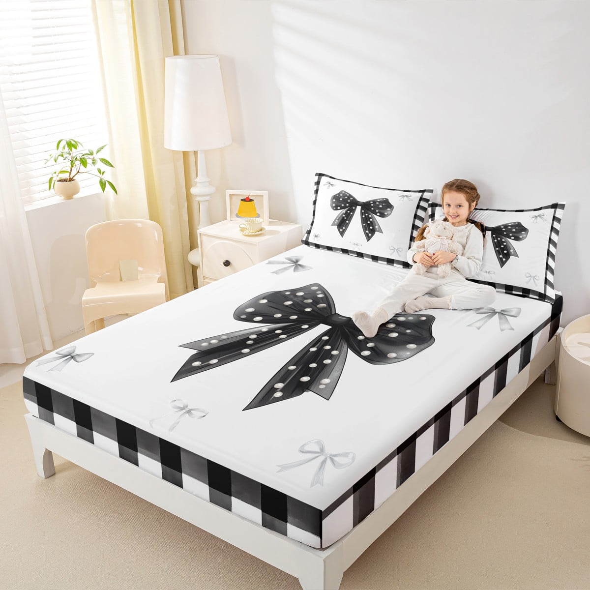 Homewish Ribbon Bow Bowtie Queen Sheet Sets,Geometric Plaid Grid Flat Sheet,White Black Queen Fitted Sheet For Child,Ultra Soft Home Decor,4pcs