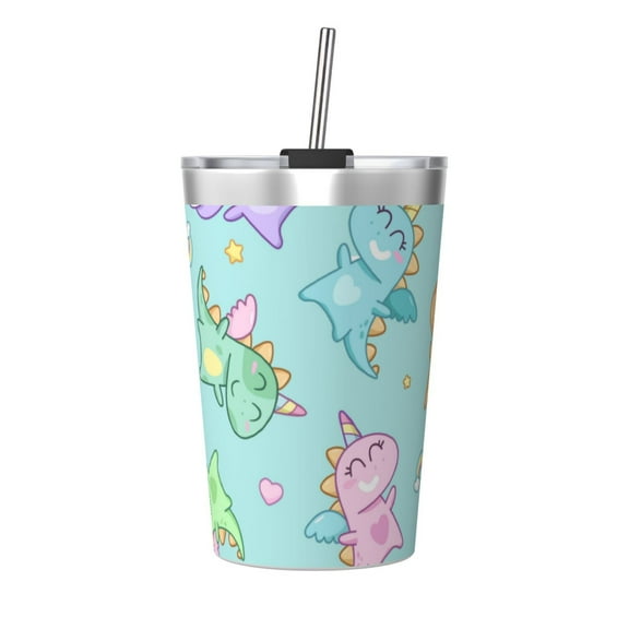 PAYOHTO Cute Dinosaurs Unicorns Insulated Stainless Steel Tumbler 12 oz Thermos Come with Straw Kids Leak-Proof Travel Mug Cup
