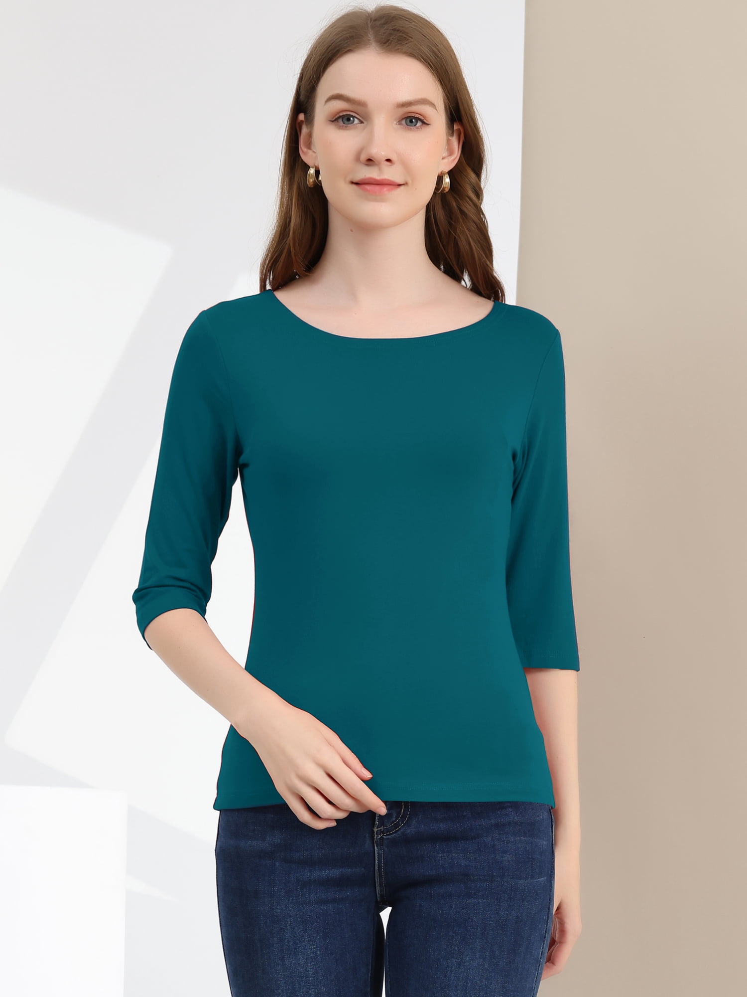 DARING DIVA Women's Elbow Sleeves Boat Neck Slim Fit Classic Tee XS Peacock Blue