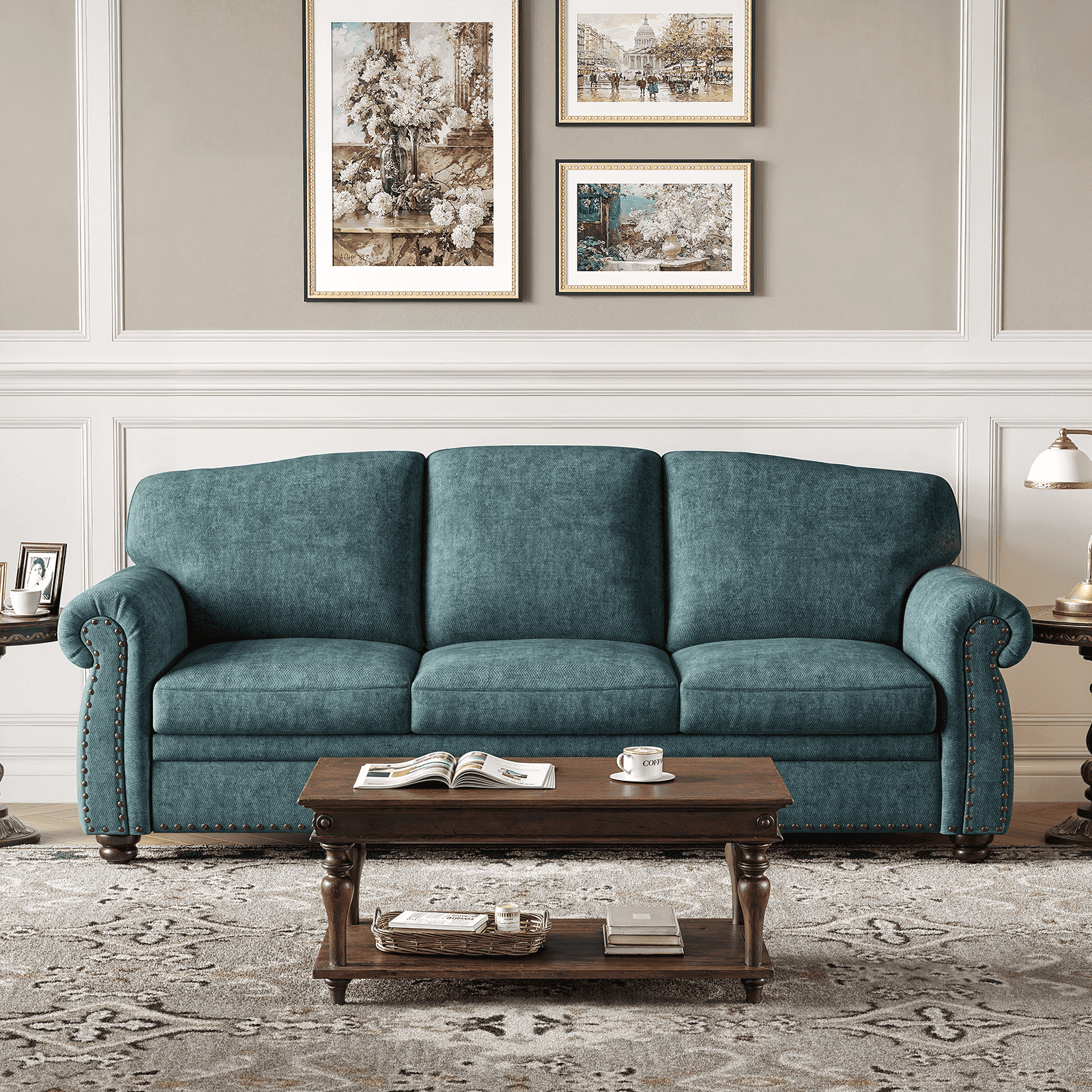ROGALIS 90" Nailhead Sofa, Rolled Arm Couch with Solid Legs, Chenille Fabric, Teal