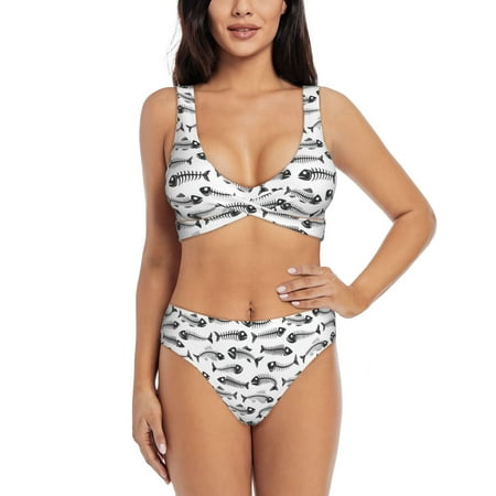 Zeuib Fish Bones High Waisted Tummy Control Bikini Set - Knot Front Push Up Top & Cheeky Thong Bottom  Two-Piece Swimsuit for Women-Large