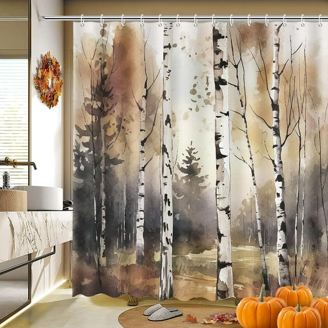 Birch Tree Oil Painting Shower Curtain - 72x72 Inch Modern Abstract Aesthetic Washable Waterproof Bath Decor with Hooks